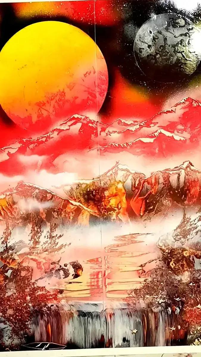 Пылающие горы — картина баллончиком на холсте 50x70 см, техника spray-art