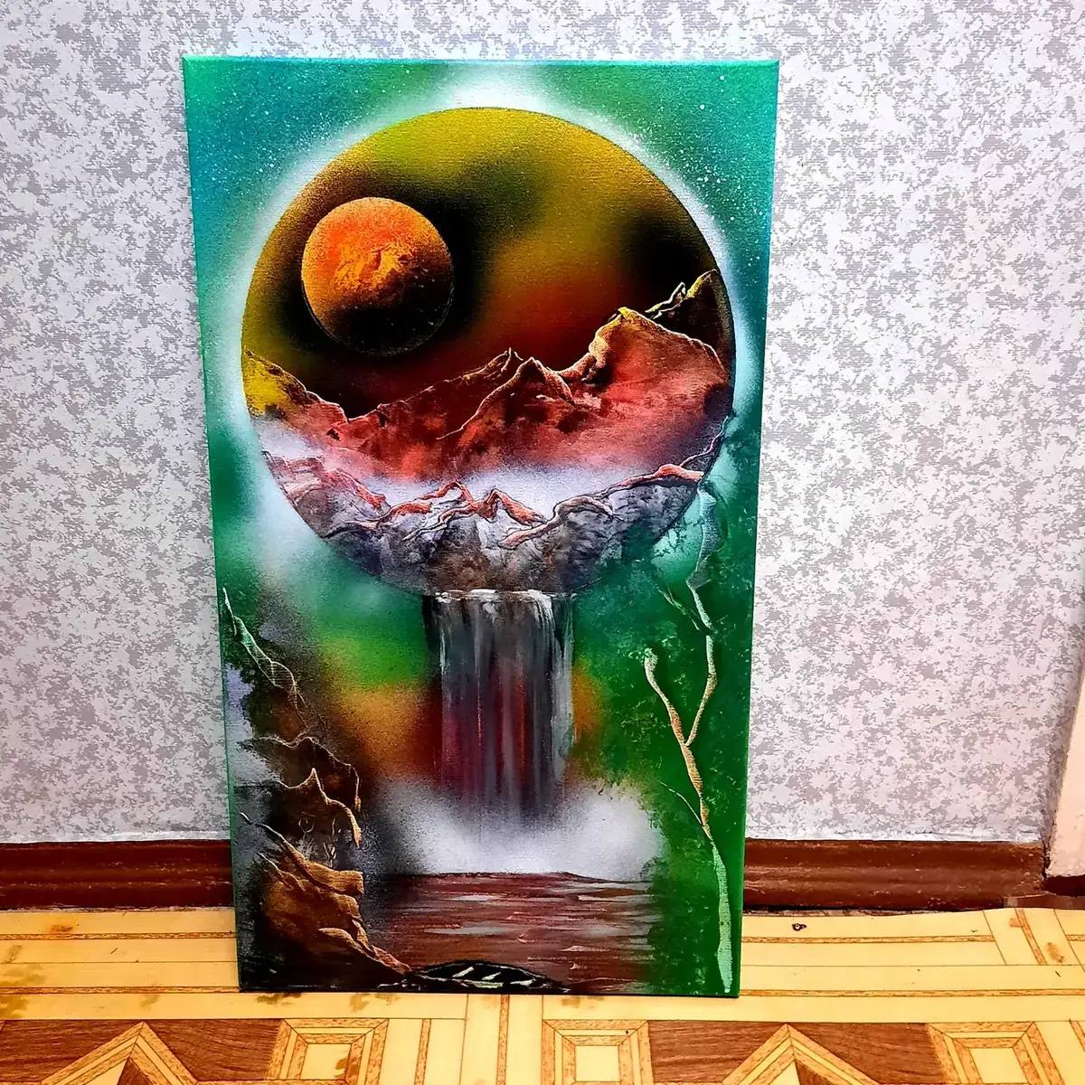Две планеты над горами — картина баллончиком на холсте 60x80 см, техника spray-art