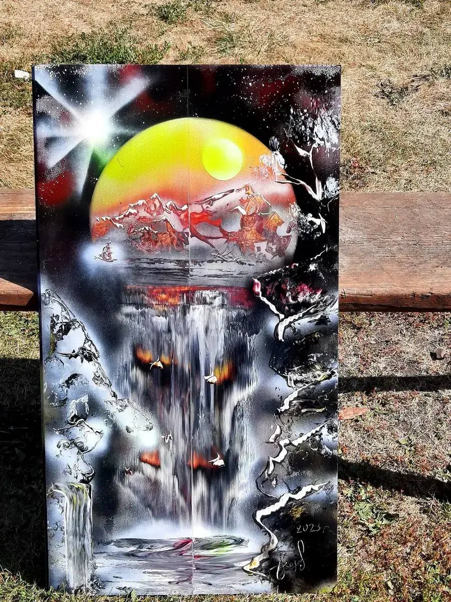 Космический водопад — картина баллончиком на холсте 40x60 см, техника spray-art