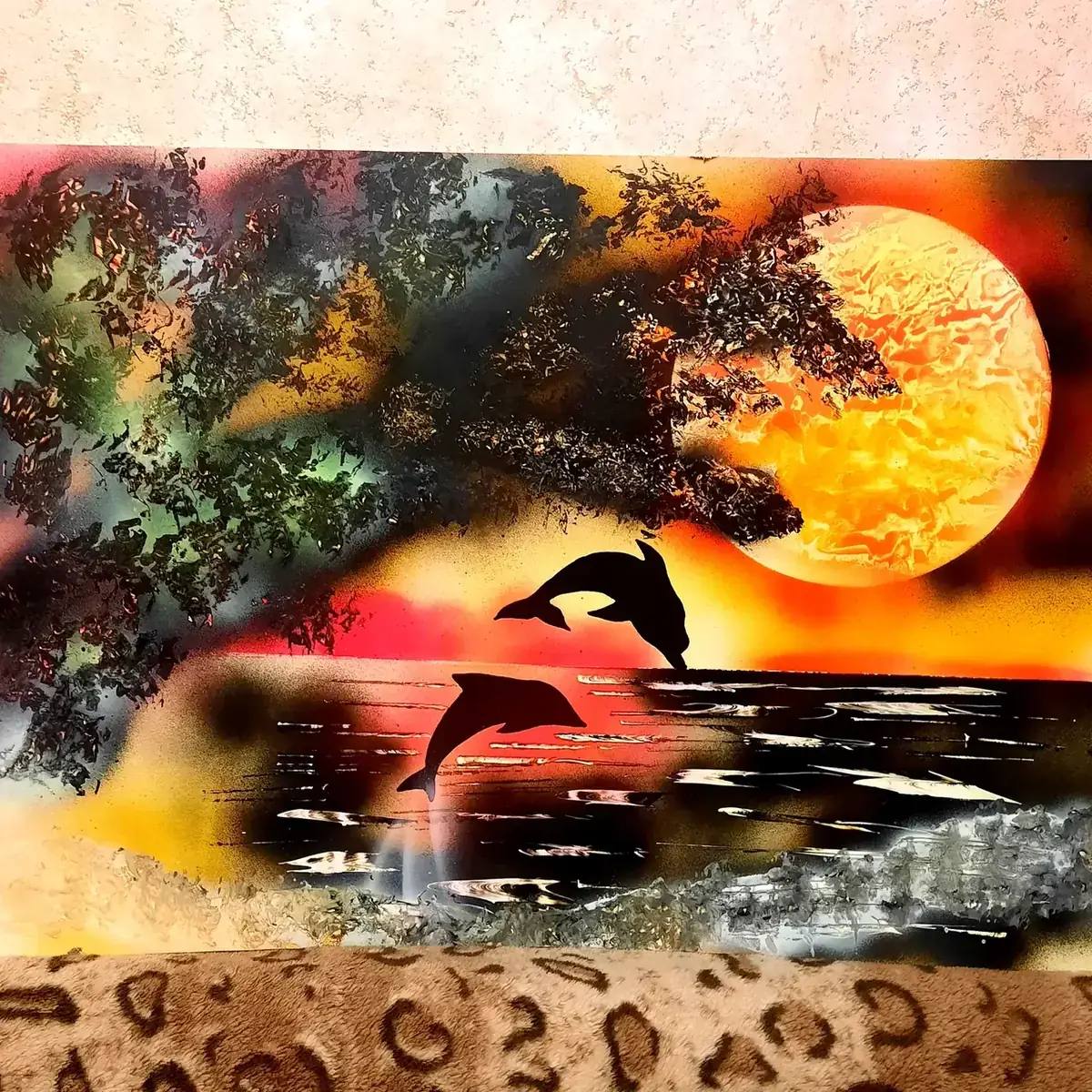Дельфины на закате — картина баллончиком на холсте 80x60 см, техника spray-art
