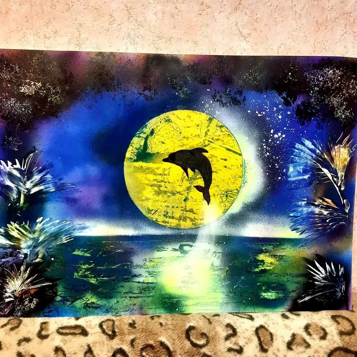 Дельфин под луной — картина баллончиком на холсте 80x60 см, техника spray-art