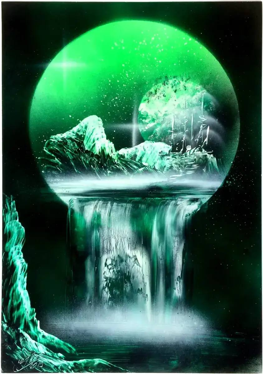 Изумрудная планета — картина баллончиком на холсте 50x70 см, техника spray-art