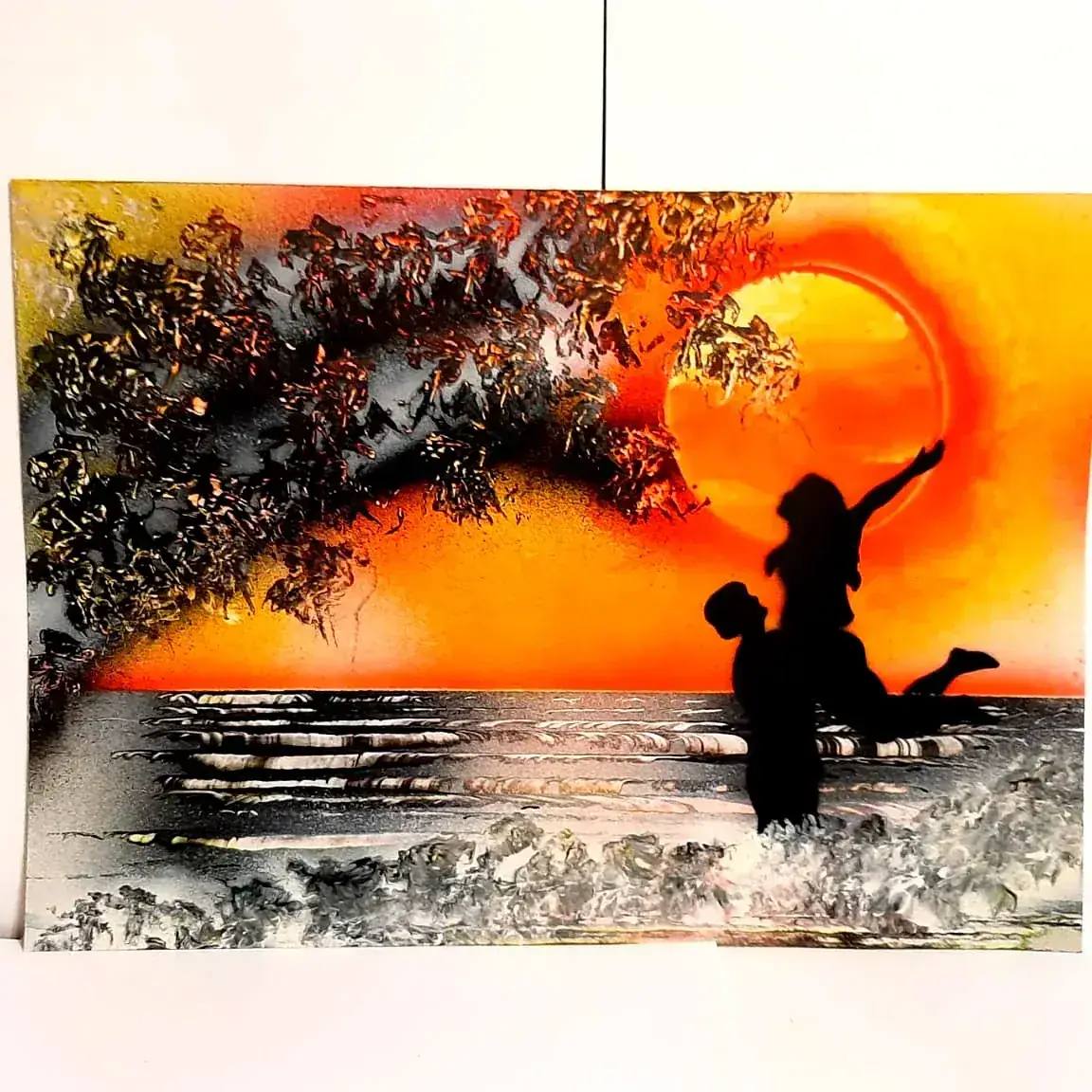 Влюблённые на закате — картина баллончиком на холсте 40x40 см, техника spray-art