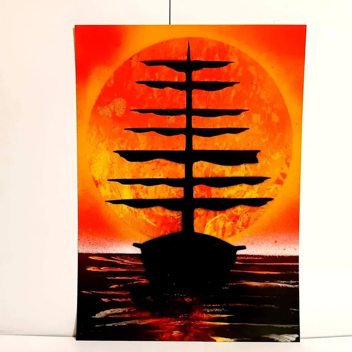 Парусник на закате — картина баллончиком на холсте 40x40 см, техника spray-art