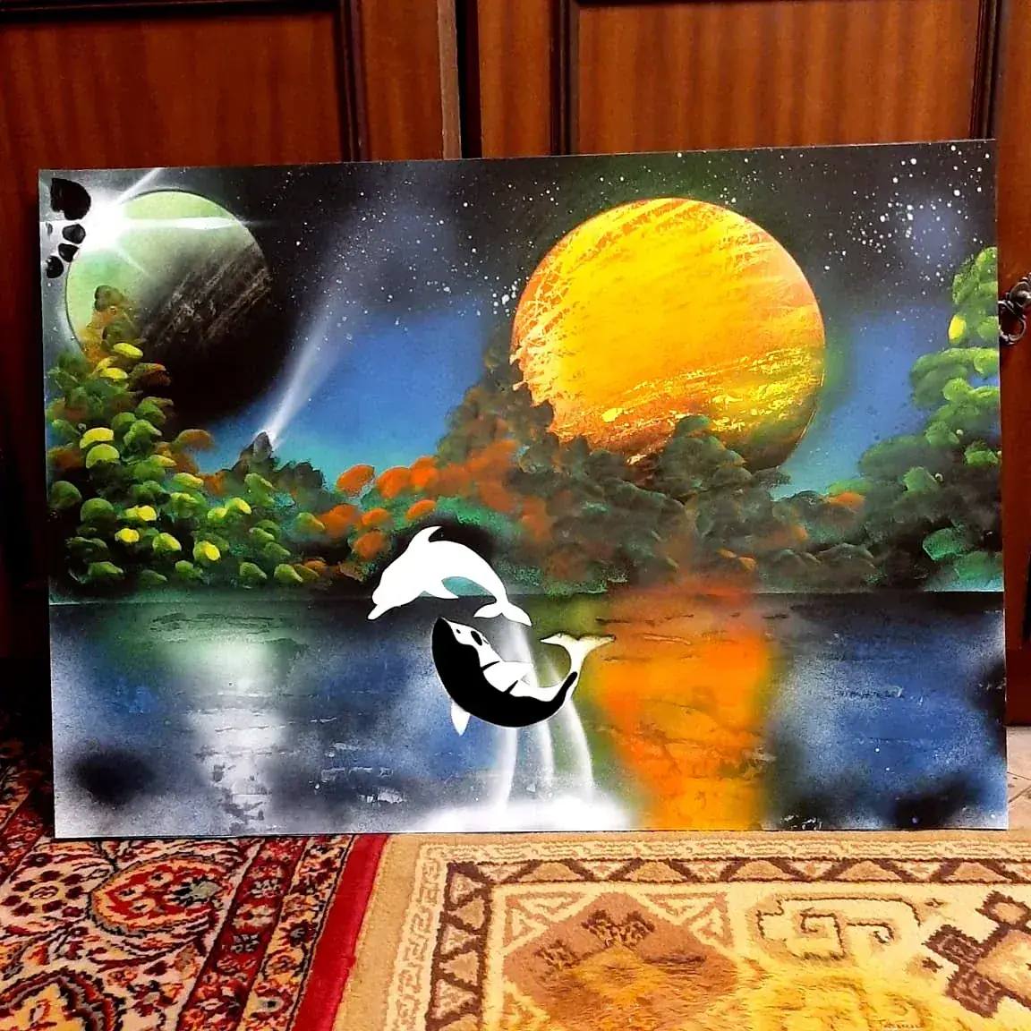 Дельфины и две планеты — картина баллончиком на холсте 40x40 см, техника spray-art