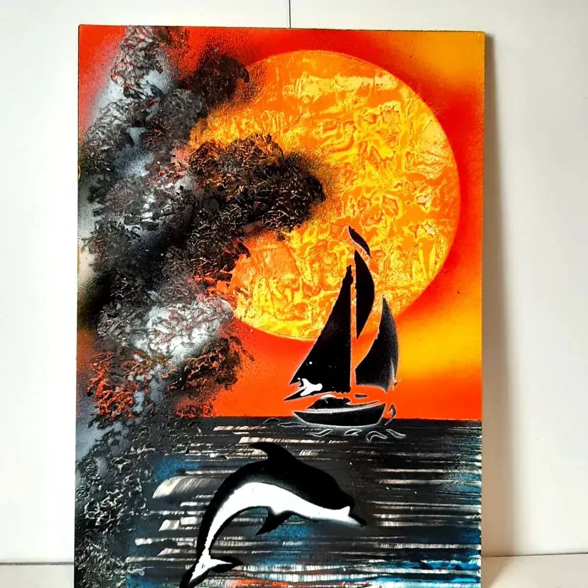 Парусник и дельфин — картина баллончиком на холсте 40x40 см, техника spray-art