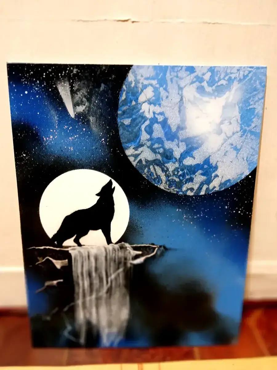 Волк и полная луна — картина баллончиком на холсте 40x60 см, техника spray-art