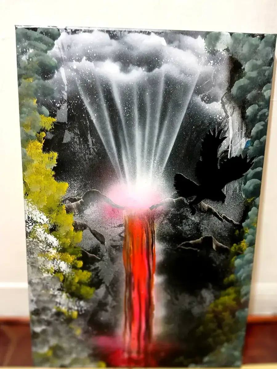 Ворон над водопадом — картина баллончиком на холсте 60x80 см, техника spray-art