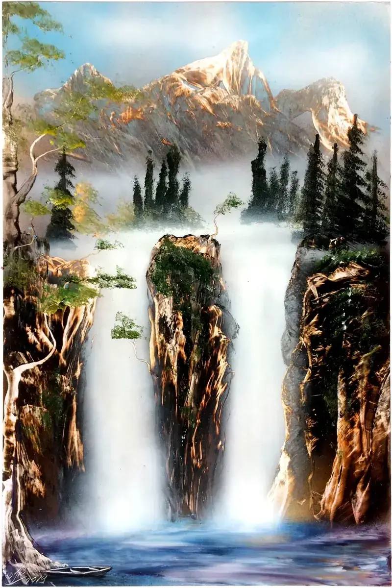Горный водопад — картина баллончиком на холсте 50x70 см, техника spray-art