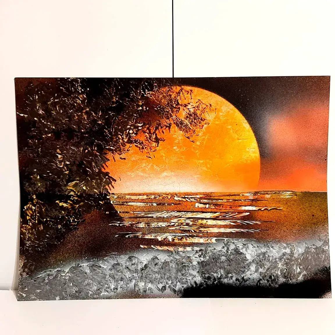 Закат у дерева — картина баллончиком на холсте 40x40 см, техника spray-art