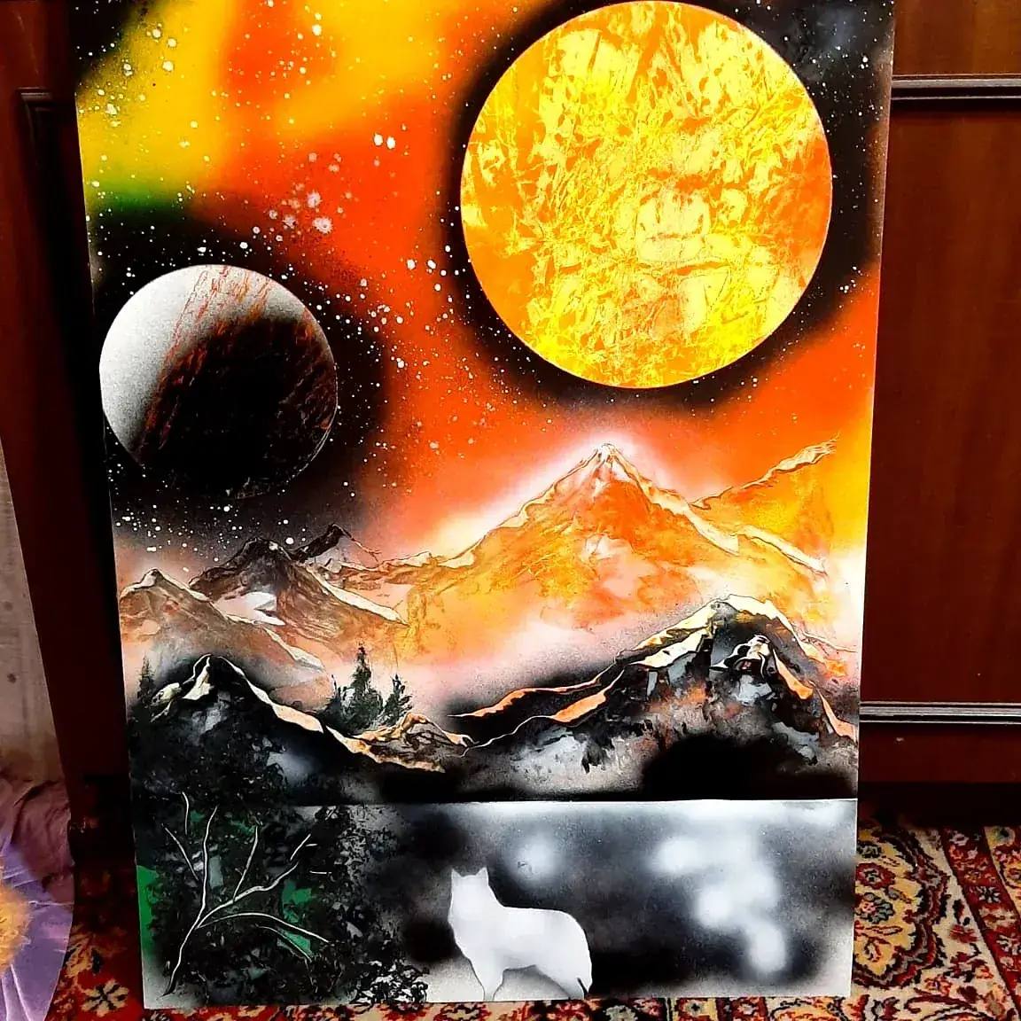 Волк в горах — картина баллончиком на холсте 40x40 см, техника spray-art