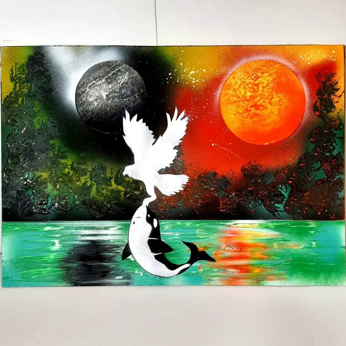 Птица и касатка — картина баллончиком на холсте 40x40 см, техника spray-art
