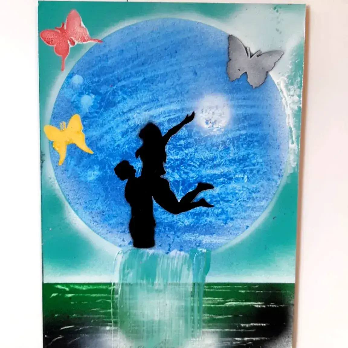 Влюблённые под луной — картина баллончиком на холсте 40x40 см, техника spray-art