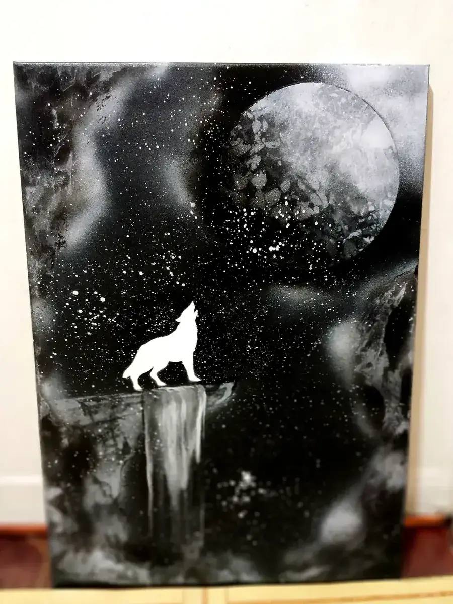 Одинокий волк (графика) — картина баллончиком на холсте 40x60 см, техника spray-art