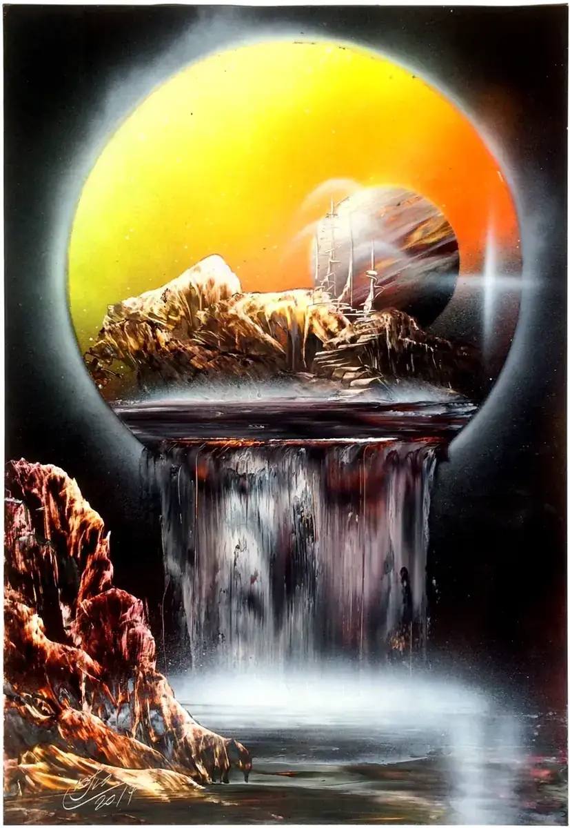 Парящий остров — картина баллончиком на холсте 50x70 см, техника spray-art